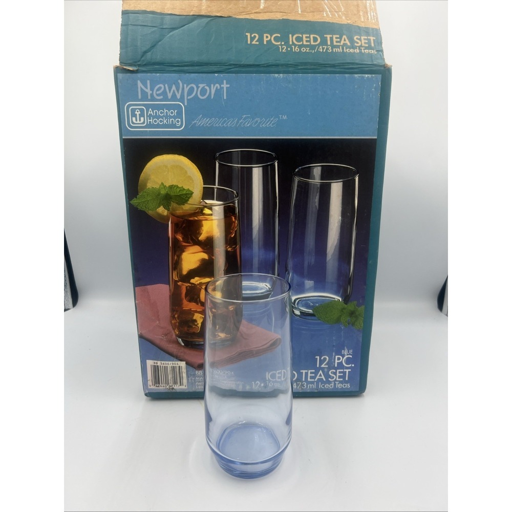 Anchor Hocking Newport Blue 12‎ Piece Iced Tea Glasses Set - Vintage New!